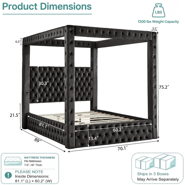 Alt view image 2 of 7 - Queen Canopy Platform Bed Frame with USB-A & USB-C Charging Ports, Black