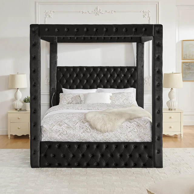 Alt view image 3 of 7 - Queen Canopy Platform Bed Frame with USB-A & USB-C Charging Ports, Black