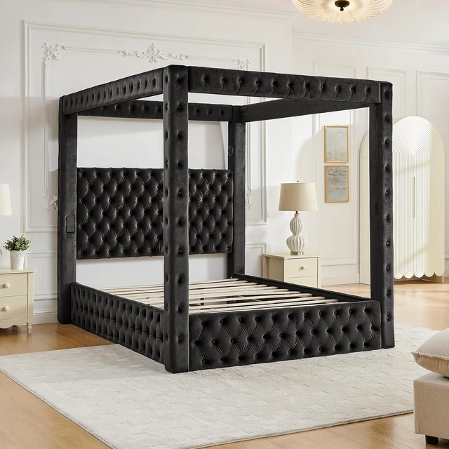 Alt view image 5 of 7 - Queen Canopy Platform Bed Frame with USB-A & USB-C Charging Ports, Black