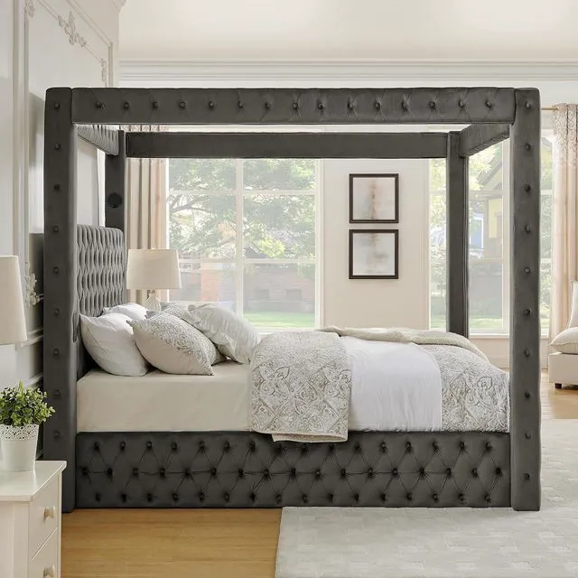 Main image of Queen Canopy Platform Bed Frame with USB-A & USB-C Charging Ports, Gray