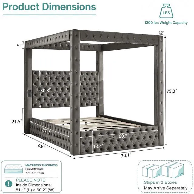 Alt view image 2 of 7 - Queen Canopy Platform Bed Frame with USB-A & USB-C Charging Ports, Gray