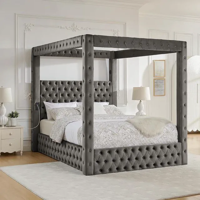 Alt view image 3 of 7 - Queen Canopy Platform Bed Frame with USB-A & USB-C Charging Ports, Gray