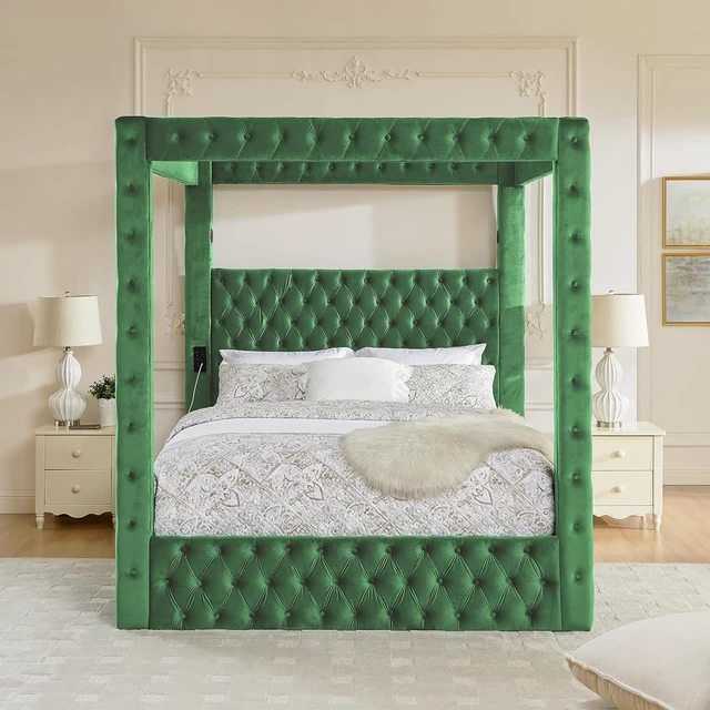 Main image of Queen Canopy Platform Bed Frame with USB-A & USB-C Charging Ports, Green
