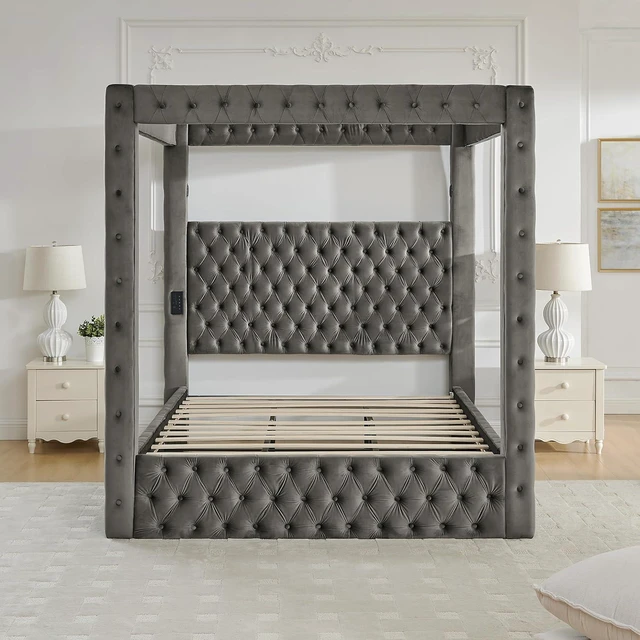 Alt view image 7 of 7 - Queen Canopy Platform Bed Frame with USB-A & USB-C Charging Ports, Gray