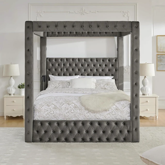 Alt view image 4 of 7 - Queen Canopy Platform Bed Frame with USB-A & USB-C Charging Ports, Gray