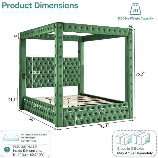 Alt view image 2 of 7 - Queen Canopy Platform Bed Frame with USB-A & USB-C Charging Ports, Green