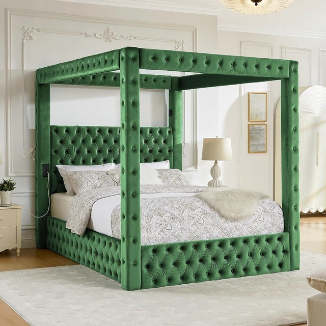 Alt view image 3 of 7 - Queen Canopy Platform Bed Frame with USB-A & USB-C Charging Ports, Green