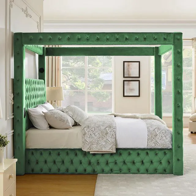 Alt view image 4 of 7 - Queen Canopy Platform Bed Frame with USB-A & USB-C Charging Ports, Green