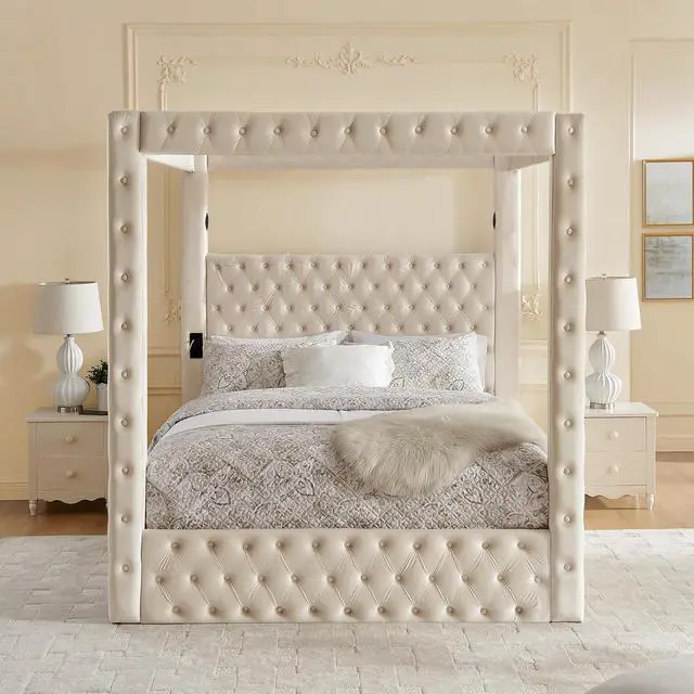 Main image of Queen Canopy Platform Bed Frame with USB-A & USB-C Charging Ports, Beige