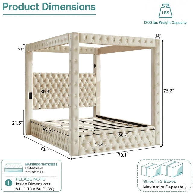Alt view image 2 of 7 - Queen Canopy Platform Bed Frame with USB-A & USB-C Charging Ports, Beige