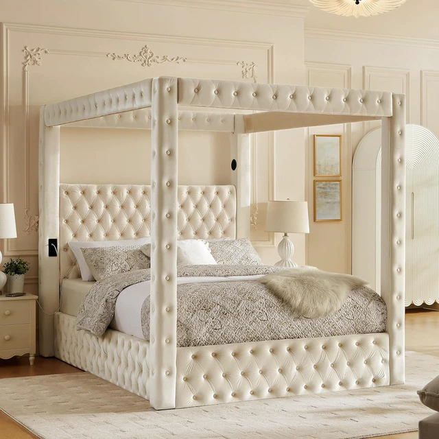 Alt view image 3 of 7 - Queen Canopy Platform Bed Frame with USB-A & USB-C Charging Ports, Beige