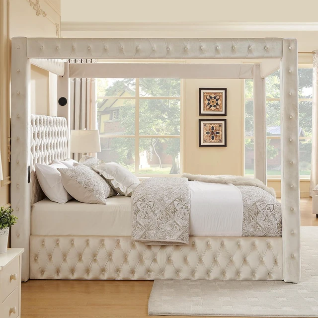 Alt view image 4 of 7 - Queen Canopy Platform Bed Frame with USB-A & USB-C Charging Ports, Beige