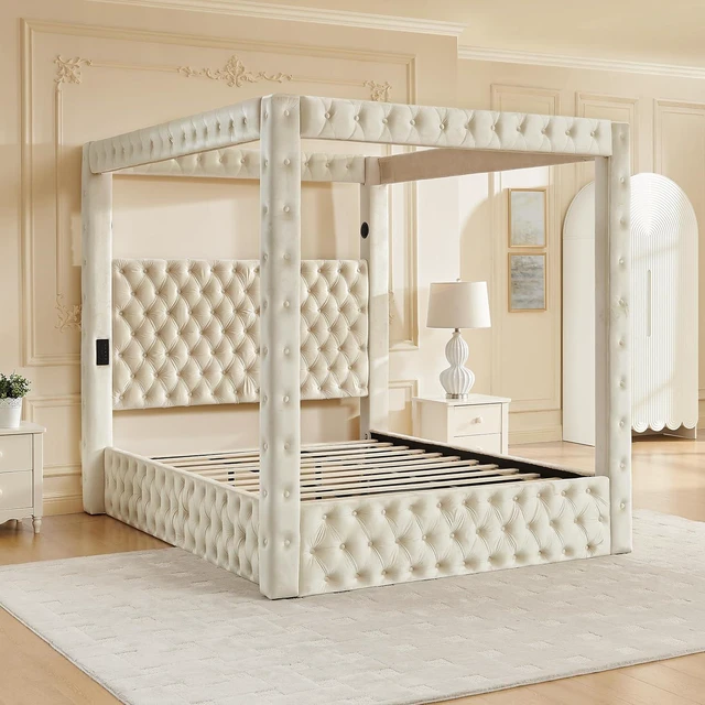 Alt view image 5 of 7 - Queen Canopy Platform Bed Frame with USB-A & USB-C Charging Ports, Beige