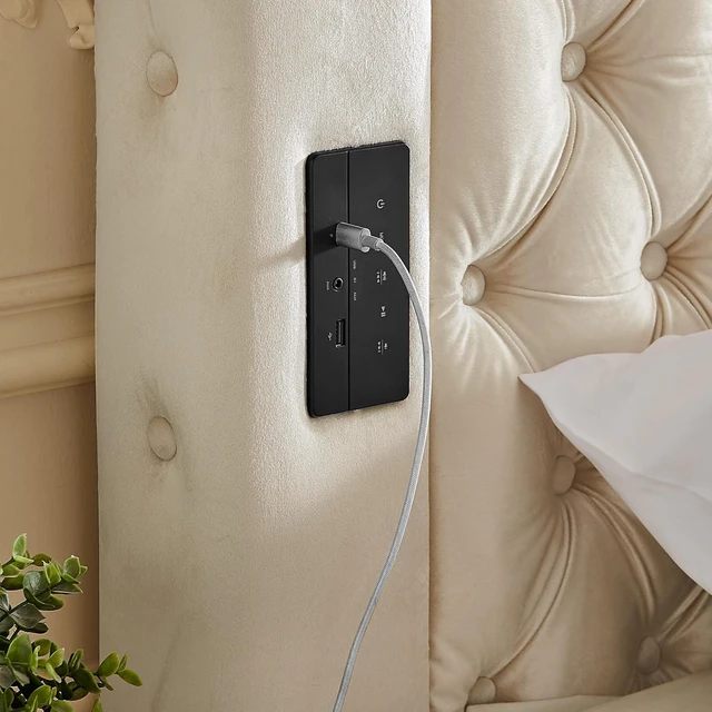 Alt view image 6 of 7 - Queen Canopy Platform Bed Frame with USB-A & USB-C Charging Ports, Beige