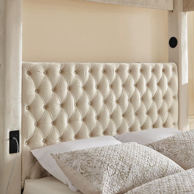 Alt view image 7 of 7 - Queen Canopy Platform Bed Frame with USB-A & USB-C Charging Ports, Beige