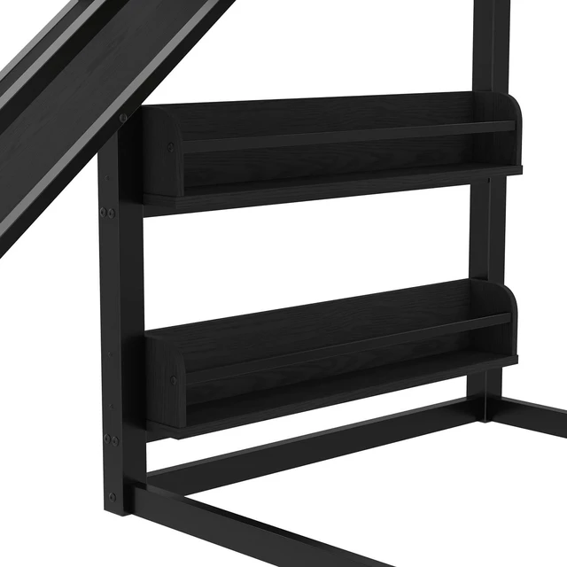 Alt view image 4 of 7 - Twin Size Play Loft Bed with Slide and Storage Bookcase, Kids Activity Loft Bed with Climbing Wall and Basketball Hoop & Pull Up Rings for Playroom Sport Bedroom, Black