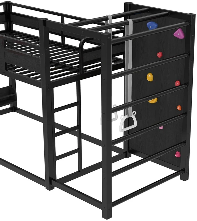 Alt view image 3 of 7 - Twin Size Play Loft Bed with Slide and Storage Bookcase, Kids Activity Loft Bed with Climbing Wall and Basketball Hoop & Pull Up Rings for Playroom Sport Bedroom, Black