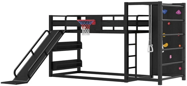 Alt view image 7 of 7 - Twin Size Play Loft Bed with Slide and Storage Bookcase, Kids Activity Loft Bed with Climbing Wall and Basketball Hoop & Pull Up Rings for Playroom Sport Bedroom, Black