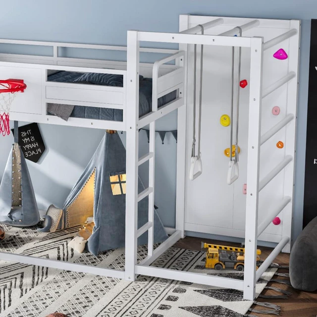 Alt view image 3 of 7 - Twin Size Play Loft Bed with Slide and Storage Bookcase, Kids Activity Loft Bed with Climbing Wall and Basketball Hoop & Pull Up Rings for Playroom Sport Bedroom, White