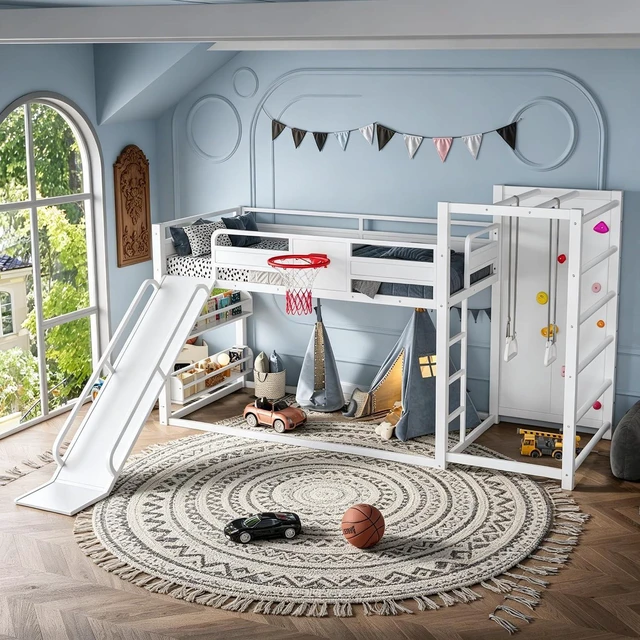 Main image of Twin Size Play Loft Bed with Slide and Storage Bookcase, Kids Activity Loft Bed with Climbing Wall and Basketball Hoop & Pull Up Rings for Playroom Sport Bedroom, White