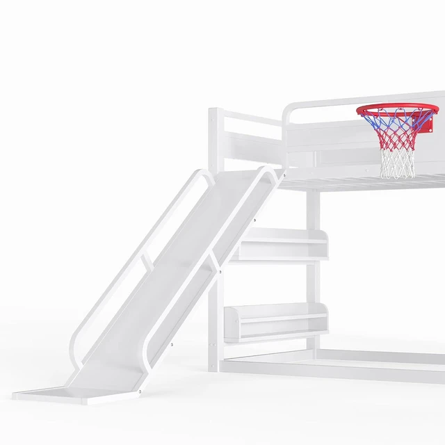 Alt view image 4 of 7 - Twin Size Play Loft Bed with Slide and Storage Bookcase, Kids Activity Loft Bed with Climbing Wall and Basketball Hoop & Pull Up Rings for Playroom Sport Bedroom, White