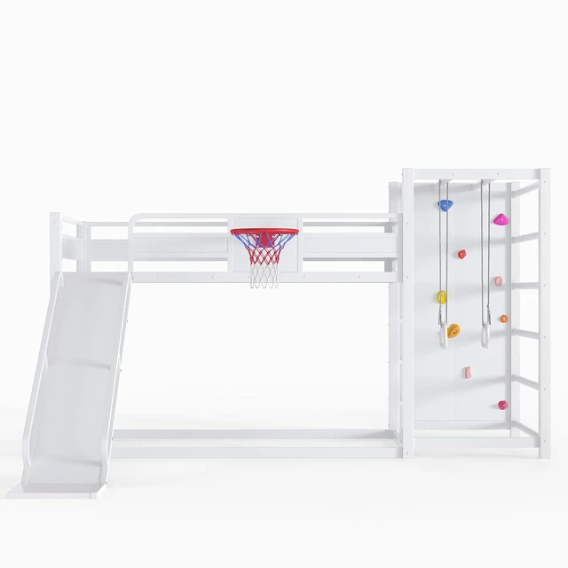 Alt view image 6 of 7 - Twin Size Play Loft Bed with Slide and Storage Bookcase, Kids Activity Loft Bed with Climbing Wall and Basketball Hoop & Pull Up Rings for Playroom Sport Bedroom, White