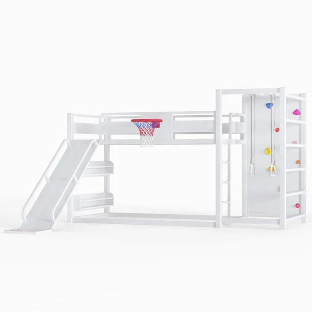 Alt view image 7 of 7 - Twin Size Play Loft Bed with Slide and Storage Bookcase, Kids Activity Loft Bed with Climbing Wall and Basketball Hoop & Pull Up Rings for Playroom Sport Bedroom, White
