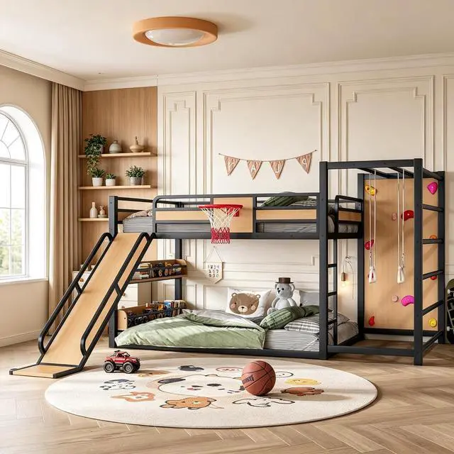 Main image of Full Size Play Loft Bed with Slide and Storage Bookcase, Kids Activity Loft Bed with Climbing Wall and Basketball Hoop & Pull Up Rings for Playroom Sport Bedroom, Yellow