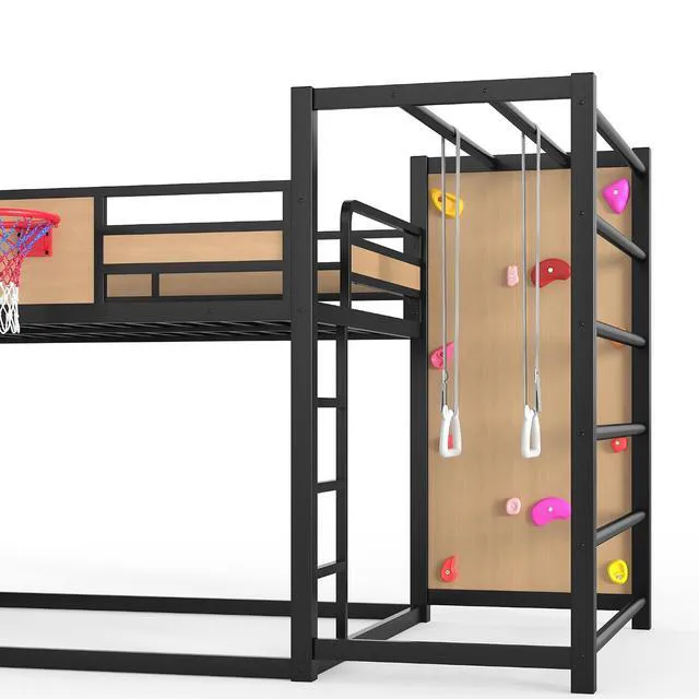Alt view image 3 of 7 - Full Size Play Loft Bed with Slide and Storage Bookcase, Kids Activity Loft Bed with Climbing Wall and Basketball Hoop & Pull Up Rings for Playroom Sport Bedroom, Yellow