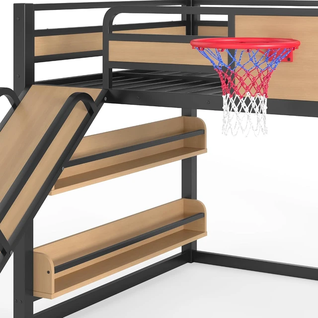 Alt view image 4 of 7 - Full Size Play Loft Bed with Slide and Storage Bookcase, Kids Activity Loft Bed with Climbing Wall and Basketball Hoop & Pull Up Rings for Playroom Sport Bedroom, Yellow