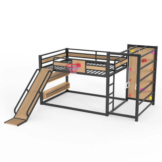 Alt view image 5 of 7 - Full Size Play Loft Bed with Slide and Storage Bookcase, Kids Activity Loft Bed with Climbing Wall and Basketball Hoop & Pull Up Rings for Playroom Sport Bedroom, Yellow