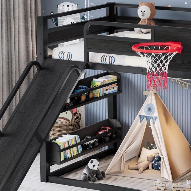 Alt view image 3 of 7 - Twin XL Size Play Loft Bed with Slide and Storage Bookcase, Kids Activity Loft Bed with Climbing Wall and Basketball Hoop & Pull Up Rings for Playroom Sport Bedroom, Black