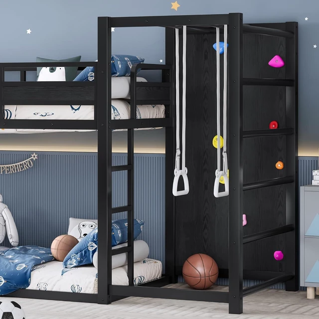 Alt view image 4 of 7 - Twin XL Size Play Loft Bed with Slide and Storage Bookcase, Kids Activity Loft Bed with Climbing Wall and Basketball Hoop & Pull Up Rings for Playroom Sport Bedroom, Black