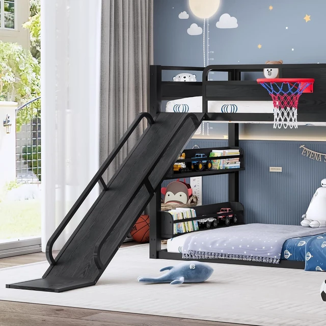 Alt view image 5 of 7 - Twin XL Size Play Loft Bed with Slide and Storage Bookcase, Kids Activity Loft Bed with Climbing Wall and Basketball Hoop & Pull Up Rings for Playroom Sport Bedroom, Black
