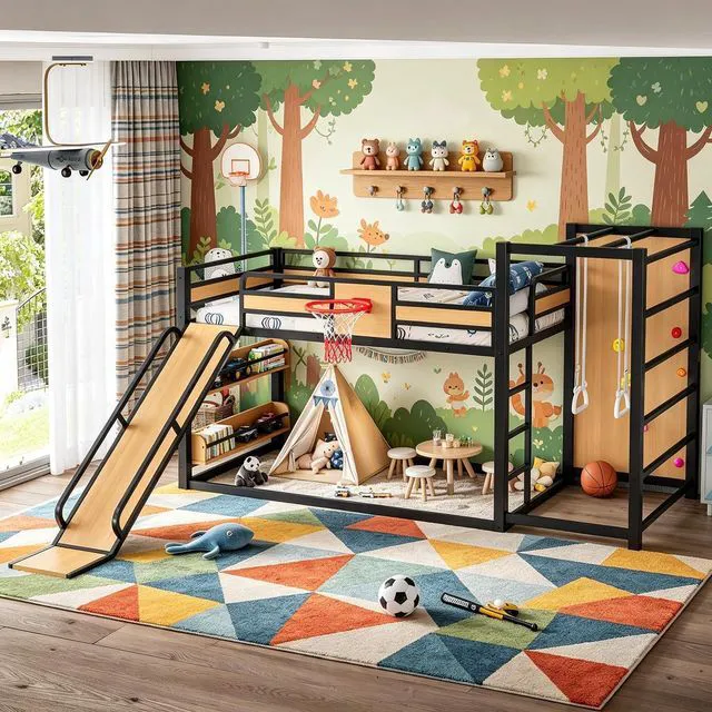 Main image of Twin XL Size Play Loft Bed with Slide and Storage Bookcase, Kids Activity Loft Bed with Climbing Wall and Basketball Hoop & Pull Up Rings for Playroom Sport Bedroom, Yellow