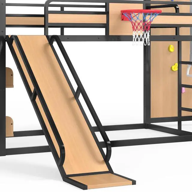 Alt view image 6 of 7 - Twin XL Size Play Loft Bed with Slide and Storage Bookcase, Kids Activity Loft Bed with Climbing Wall and Basketball Hoop & Pull Up Rings for Playroom Sport Bedroom, Yellow