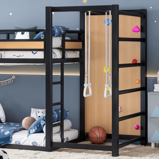 Alt view image 4 of 7 - Twin XL Size Play Loft Bed with Slide and Storage Bookcase, Kids Activity Loft Bed with Climbing Wall and Basketball Hoop & Pull Up Rings for Playroom Sport Bedroom, Yellow