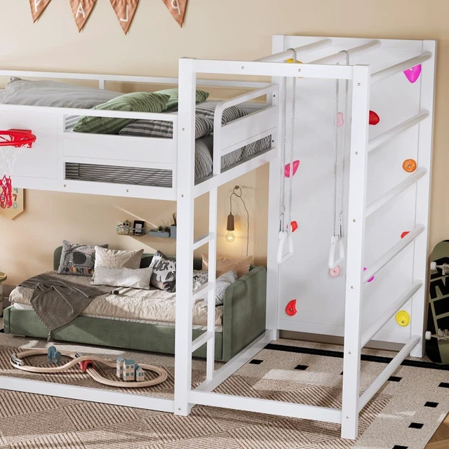 Alt view image 3 of 7 - Full Size Play Loft Bed with Slide and Storage Bookcase, Kids Activity Loft Bed with Climbing Wall and Basketball Hoop & Pull Up Rings for Playroom Sport Bedroom, White