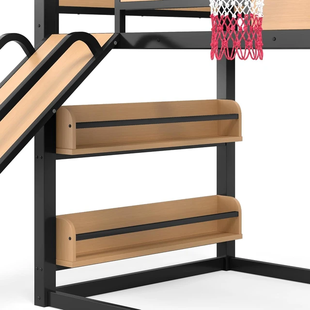 Alt view image 5 of 7 - Twin XL Size Play Loft Bed with Slide and Storage Bookcase, Kids Activity Loft Bed with Climbing Wall and Basketball Hoop & Pull Up Rings for Playroom Sport Bedroom, Yellow