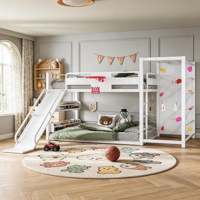 Main image of Full Size Play Loft Bed with Slide and Storage Bookcase, Kids Activity Loft Bed with Climbing Wall and Basketball Hoop & Pull Up Rings for Playroom Sport Bedroom, White