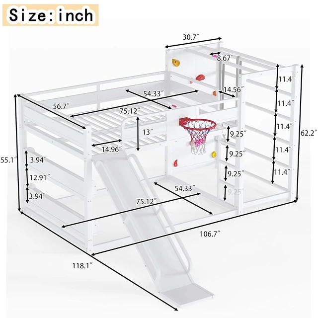 Alt view image 2 of 7 - Full Size Play Loft Bed with Slide and Storage Bookcase, Kids Activity Loft Bed with Climbing Wall and Basketball Hoop & Pull Up Rings for Playroom Sport Bedroom, White
