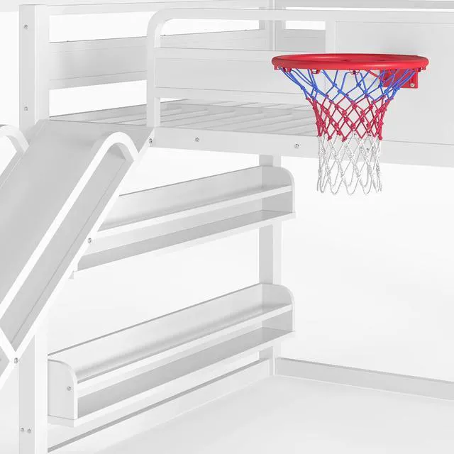 Alt view image 4 of 7 - Full Size Play Loft Bed with Slide and Storage Bookcase, Kids Activity Loft Bed with Climbing Wall and Basketball Hoop & Pull Up Rings for Playroom Sport Bedroom, White