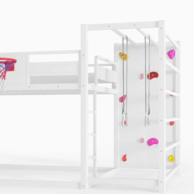 Alt view image 5 of 7 - Full Size Play Loft Bed with Slide and Storage Bookcase, Kids Activity Loft Bed with Climbing Wall and Basketball Hoop & Pull Up Rings for Playroom Sport Bedroom, White
