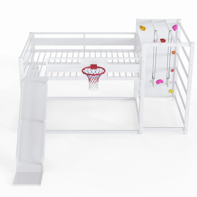 Alt view image 6 of 7 - Full Size Play Loft Bed with Slide and Storage Bookcase, Kids Activity Loft Bed with Climbing Wall and Basketball Hoop & Pull Up Rings for Playroom Sport Bedroom, White