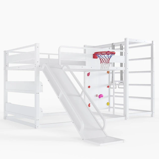 Alt view image 7 of 7 - Full Size Play Loft Bed with Slide and Storage Bookcase, Kids Activity Loft Bed with Climbing Wall and Basketball Hoop & Pull Up Rings for Playroom Sport Bedroom, White