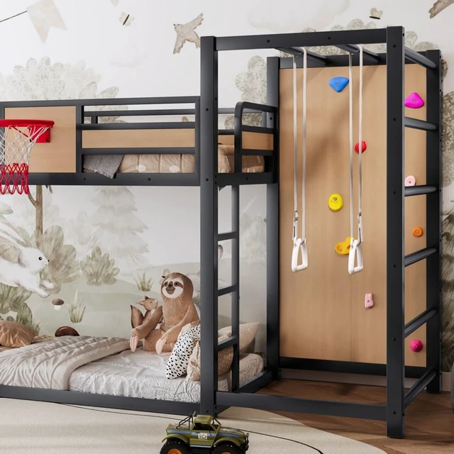 Alt view image 3 of 7 - Twin Size Play Loft Bed with Slide and Storage Bookcase, Kids Activity Loft Bed with Climbing Wall and Basketball Hoop & Pull Up Rings for Playroom Sport Bedroom, Yellow