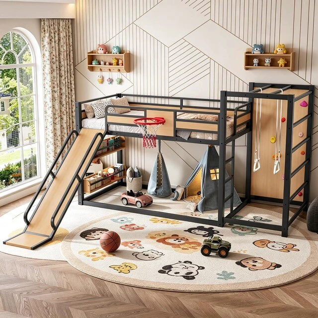 Main image of Twin Size Play Loft Bed with Slide and Storage Bookcase, Kids Activity Loft Bed with Climbing Wall and Basketball Hoop & Pull Up Rings for Playroom Sport Bedroom, Yellow
