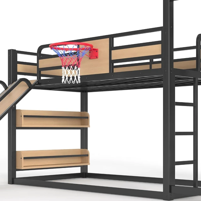 Alt view image 4 of 7 - Twin Size Play Loft Bed with Slide and Storage Bookcase, Kids Activity Loft Bed with Climbing Wall and Basketball Hoop & Pull Up Rings for Playroom Sport Bedroom, Yellow