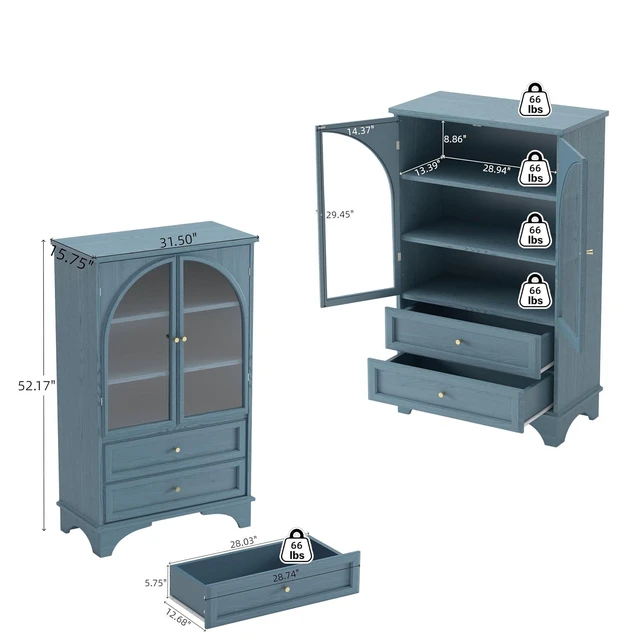 Alt view image 2 of 7 - Buffet Storage Cabinet with Glass Doors and Drawers, Blue