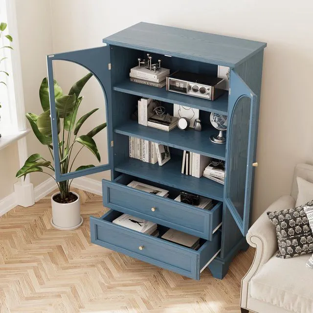Alt view image 3 of 7 - Buffet Storage Cabinet with Glass Doors and Drawers, Blue